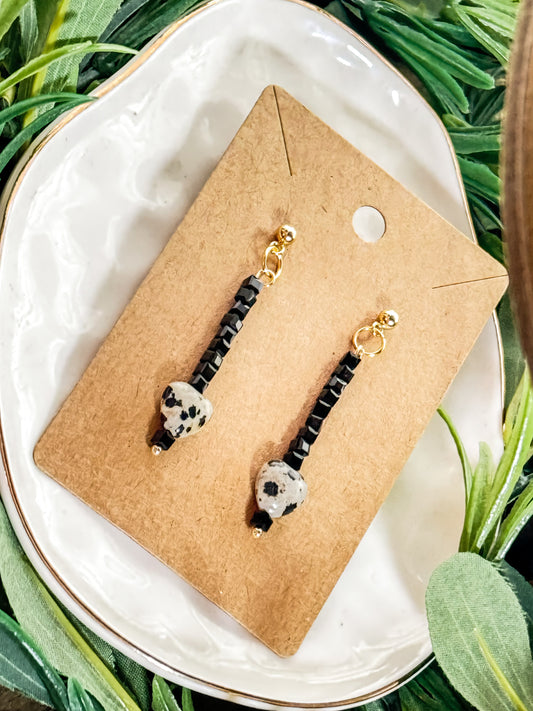 Black crystals & Dalmatian Jasper drop earrings