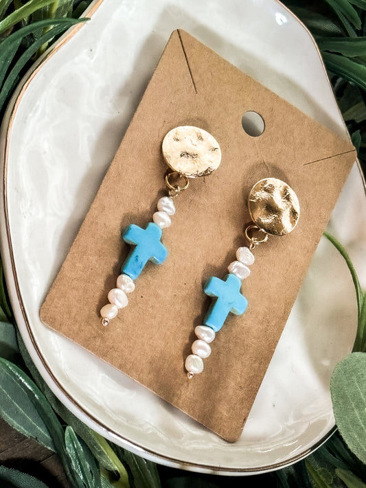 Turquoise Cross & Pearl Earrings