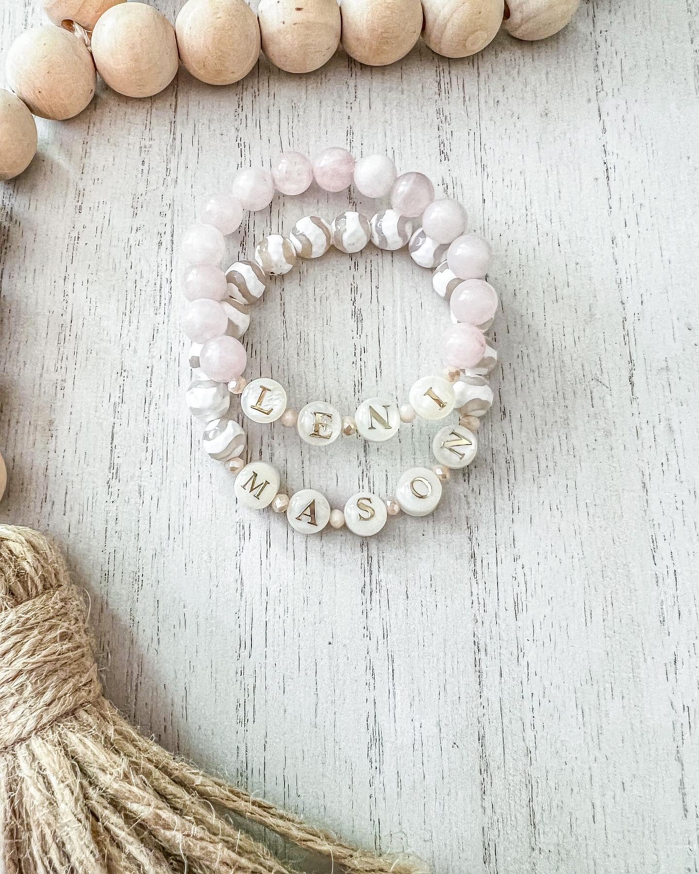 Rose Quartz and Natural Shell Custom Name Bracelets