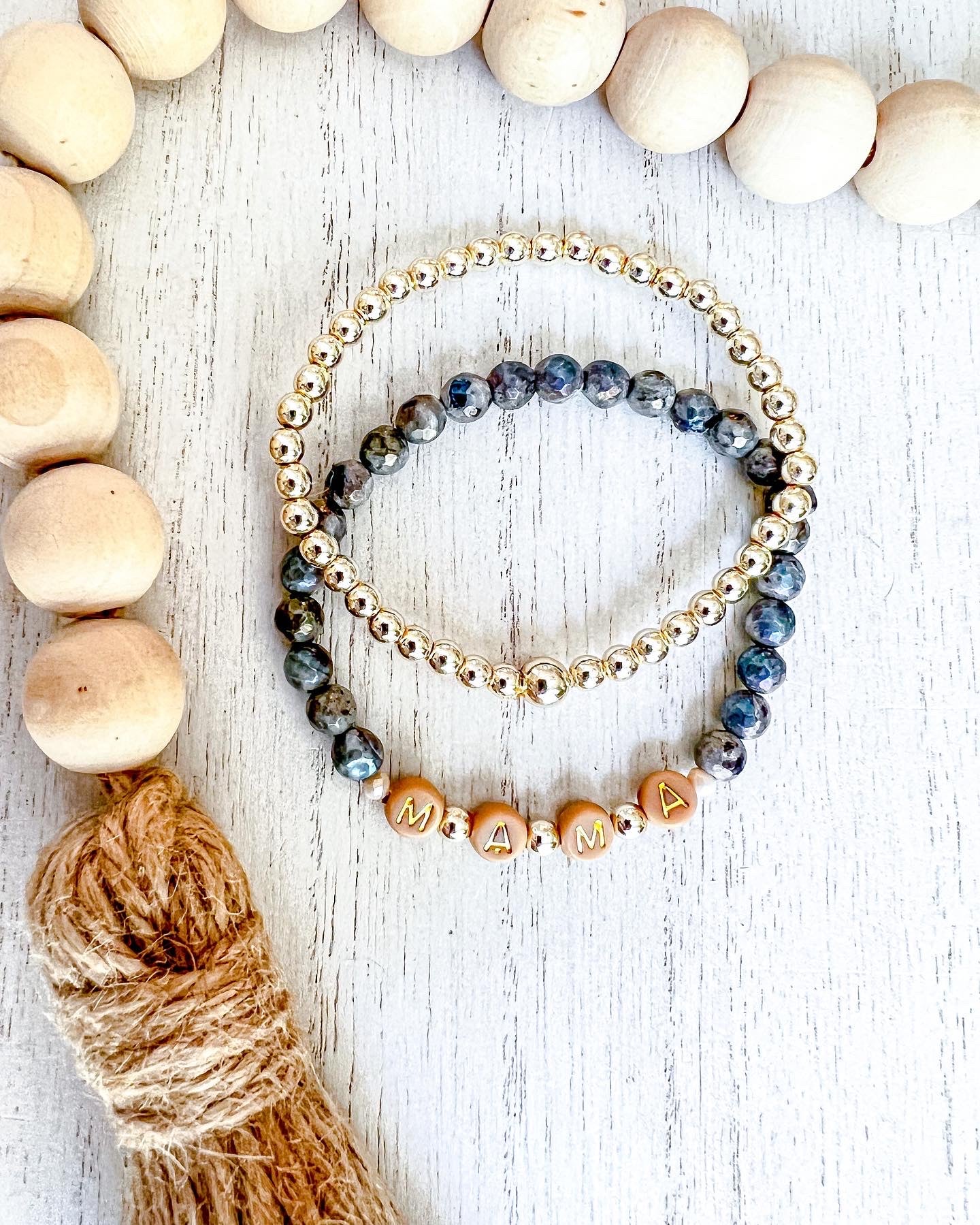 Customizable Neutral Name Bracelet Labradorite Stack of Two