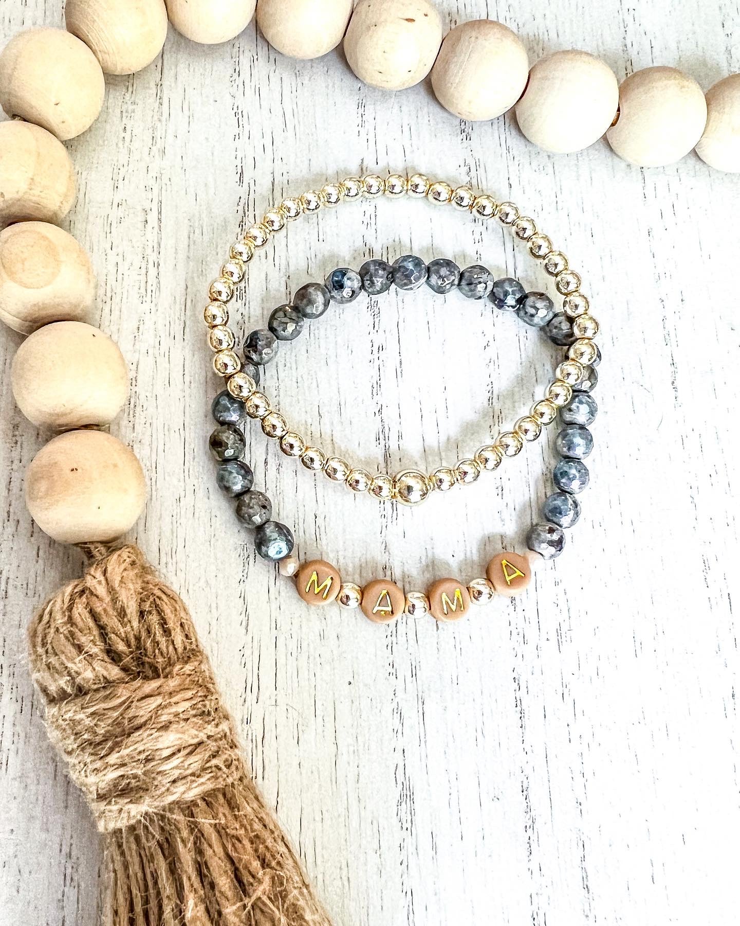 Customizable Neutral Name Bracelet Labradorite Stack of Two