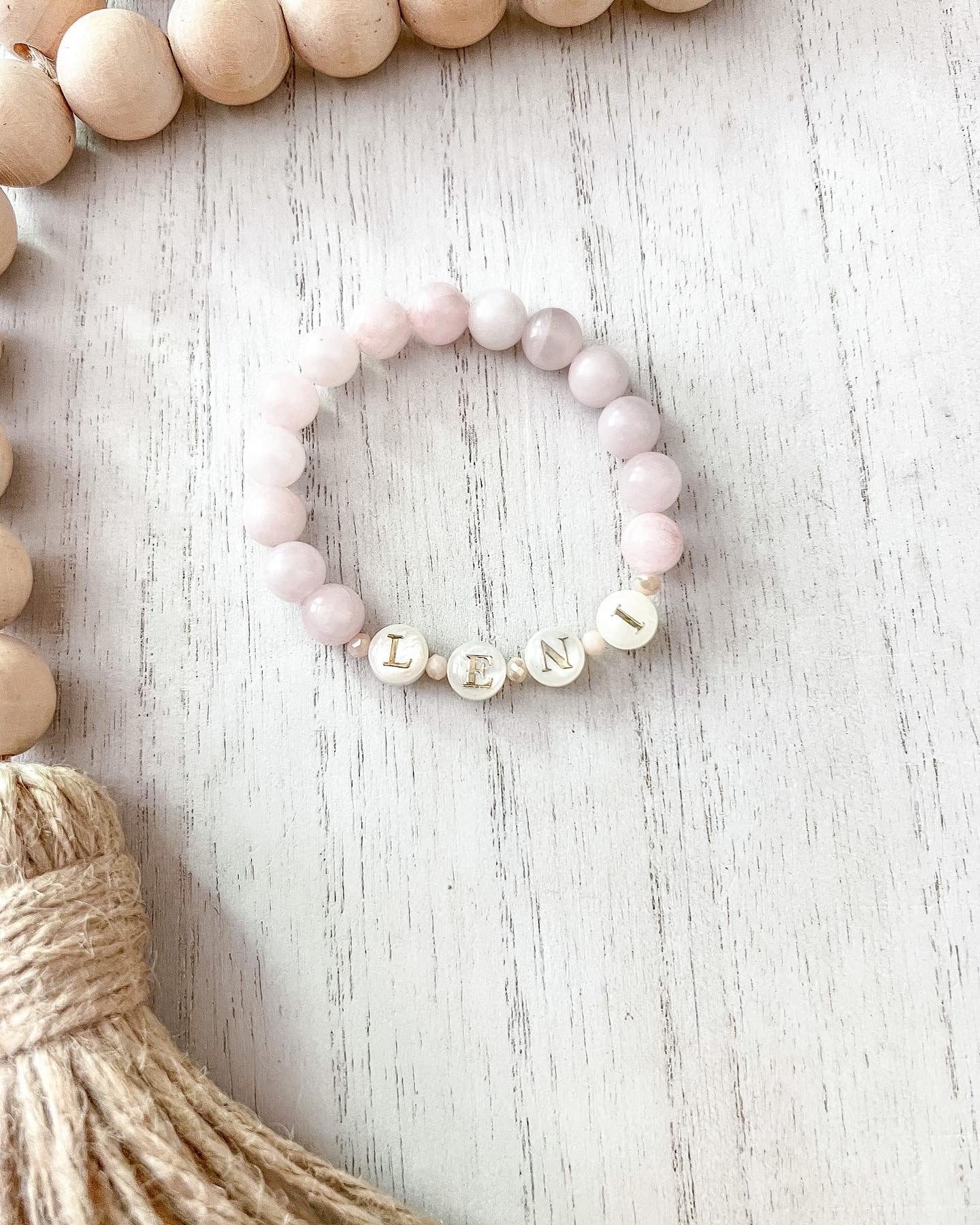 Rose Quartz and Natural Shell Custom Name Bracelets